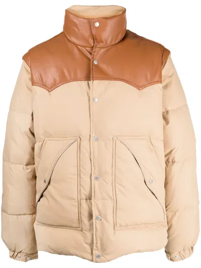 Five Cm Colour-block Press-stud Quilted Down Jacket In Brown