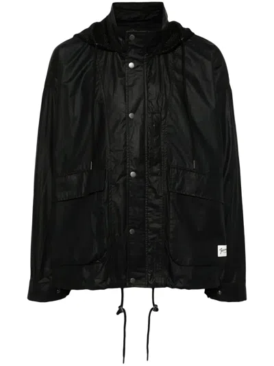 Five Cm Drawstring-hood Coated-finish Jacket In Black