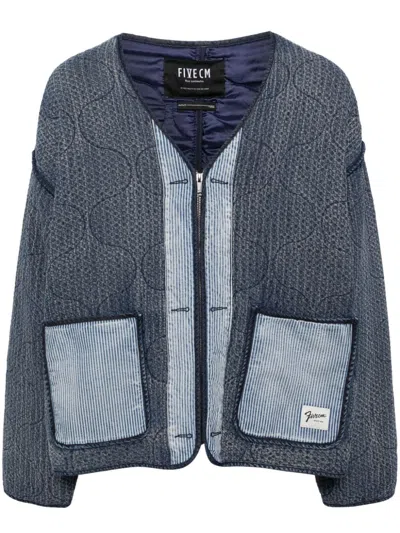 Five Cm V-neck Quilted Denim Jacket In Blue