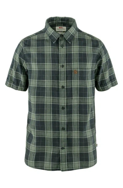 Fjall Raven Ovik Travel Short Sleeve Button-up Shirt In Dark Navy - Patina Green