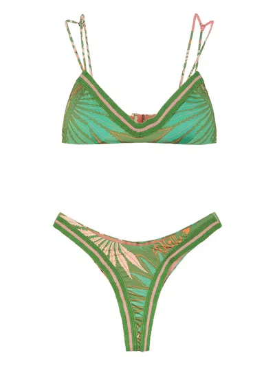 Fk Palm-print Ribbed Bikini In Green