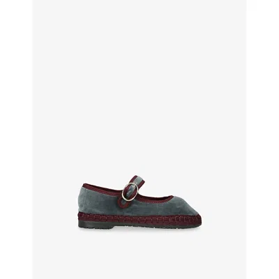 FLABELUS GREY/OTHER KIDS' GEORGINA CONTRAST-TRIM VELVET MARY-JANE SHOES EUR 33 / 1 UK