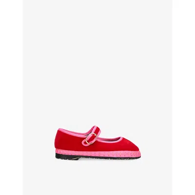 Flabelus Red Comb Kids' Aurelie Cotton-velvet Mary Jane Flats Eur 32 / 13 Uk