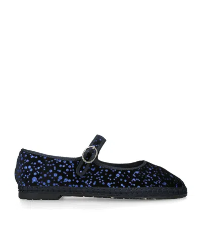 Flabelus Velvet Seraphina Mary Jane Flats In Blue