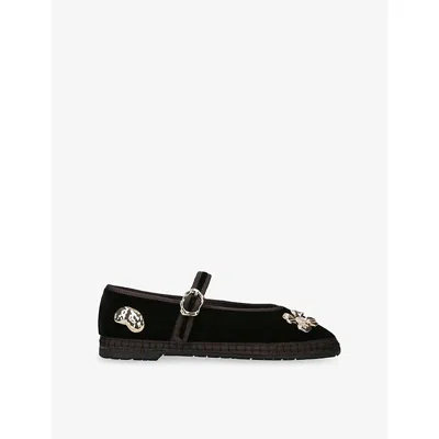 Flabelus Womens Black Mae Pierre Jewel Velvet Mary-jane Flats Eur 38/5 Uk