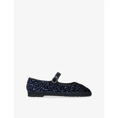Flabelus Womens Blue/dark Seraphina Glitter Velvet Mary-jane Flats Eur 37 / 4 Uk