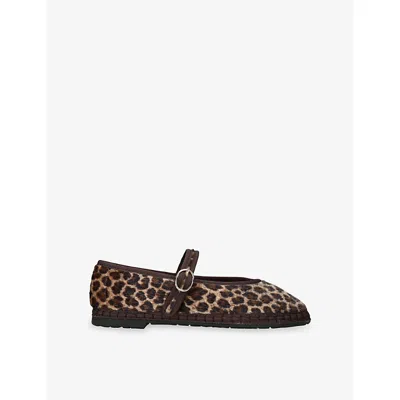 Flabelus Womens Dk.brn Com Pierre Cheetah Velvet Mary-jane Flats Eur 36 / 3 Uk In Brown