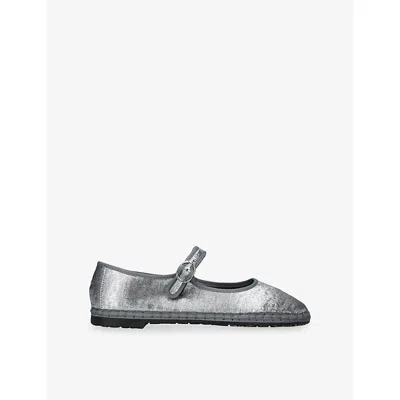 Flabelus Womens Silver Lavinia Velvet Mary-jane Flats Eur 40 / 7 Uk