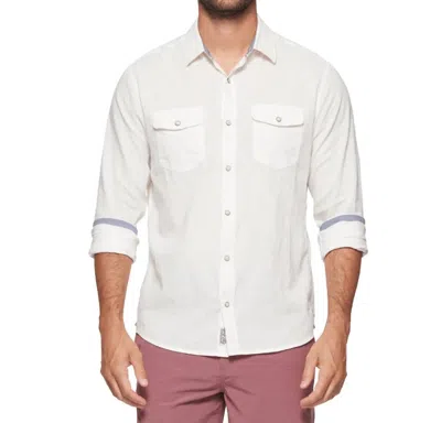 Flags & Anthem Avalon Long Sleeve Garment Dye Linen Pearl Snap Shirt In White