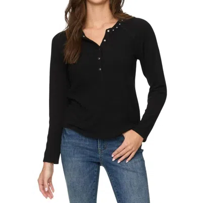 Flags & Anthem Cambria Embroidered Waffle Henley Top In Black
