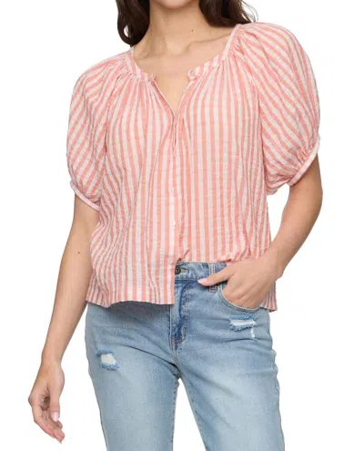Flags & Anthem Carolina Pucker Short Sleeve Button Front Peasent Blouse In Pink Plaid