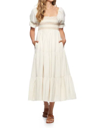 Flags & Anthem Nora Smocked Bodice Midi Dress In Cream Linen In White