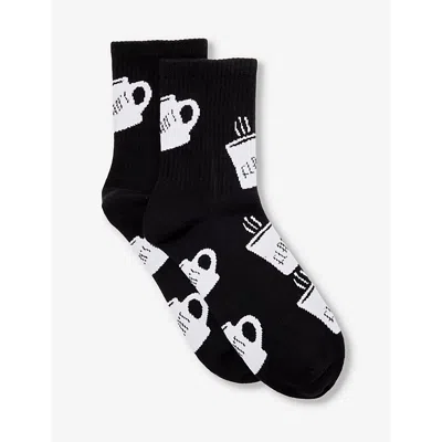 Flan Mens Black Mug-pattern Knitted Cotton Mid-calf Socks