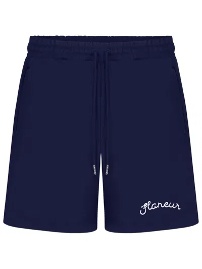 Flâneur Flaneur Signature Navy Fleece Embroidered Shorts In Blue