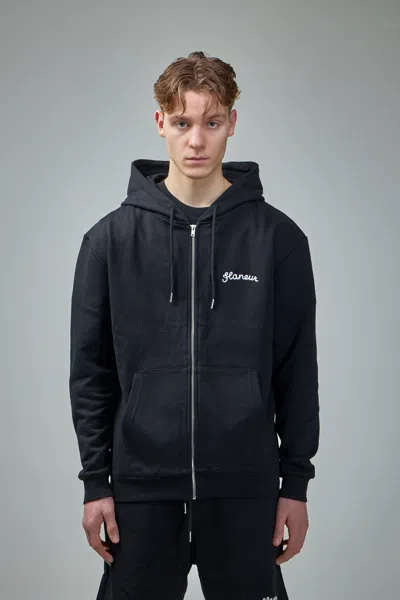 Flâneur Signature Zip-up Hoodie In Black