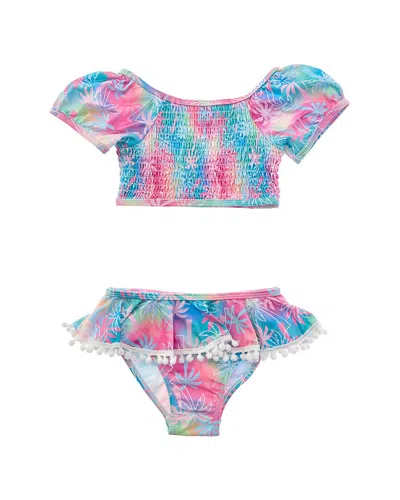 Flap Happy Kids' 2pc Pink Tropical Palms Top & Bikini Bottom Set In Multi