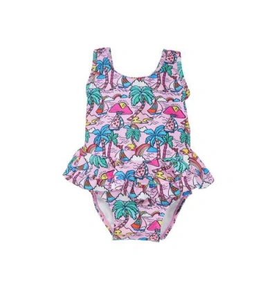 Flap Happy Babies'  Girl's Upf 50+ Stella Infant Ruffle Swimsuit In Island Doodles
