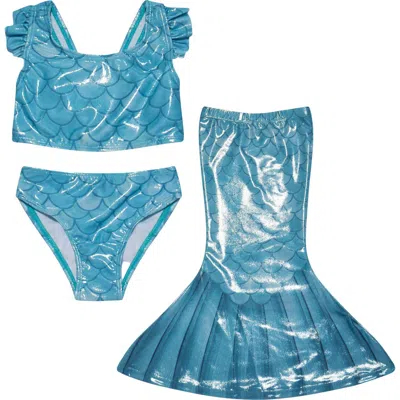 Flap Happy Babies'  Girls Upf 50+ 3 Piece Mermaid Shell Swimsuit With Ruffle Shoulders In Blue