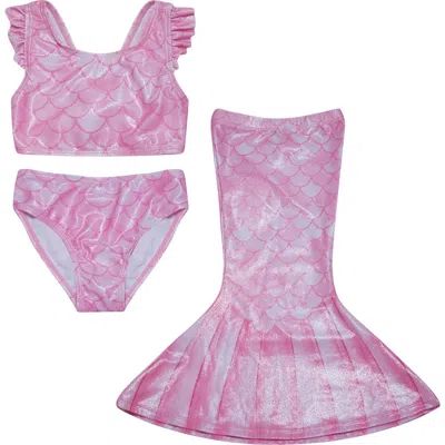 Flap Happy Babies'  Girls Upf 50+ 3 Piece Mermaid Shell Swimsuit With Ruffle Shoulders In Multi