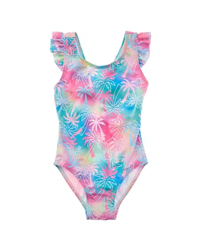 Flap Happy Kids' One Piece Pink Tropical Palms Swimsuit In Multi