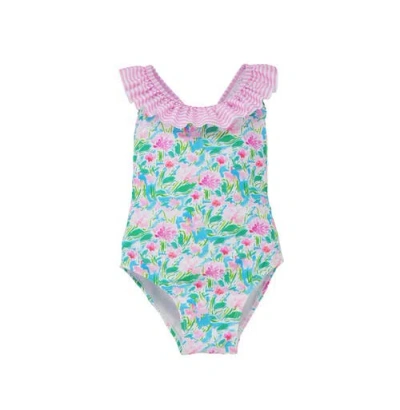 Flap Happy Babies'  Upf 50+ Mindy Crossback Swimsuit For Girls In Lotus & Lillies