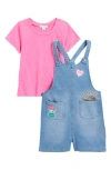 Flapdoodles Kids' Denim Shortall & T-shirt Set In Hot Pink/blue