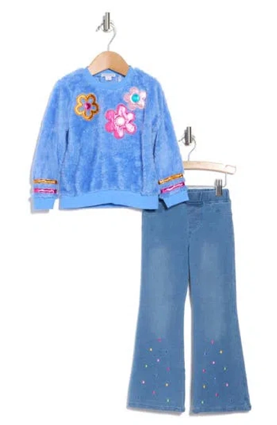 Flapdoodles Kids' Flower Sweatshirt & Flare Jeans In Blue