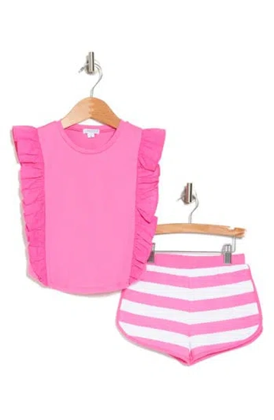 Flapdoodles Kids' Ruffle Top & Stripe Shorts Set In Hot Pink