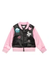 Flapdoodles Kids' Sequin Patch Satin Bomber Jacket In Pink