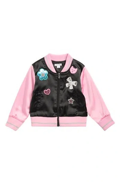 Flapdoodles Kids' Sequin Patch Satin Bomber Jacket In Pink