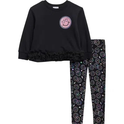 Flapdoodles Kids' Smiley Ruffle Sweatshirt & Leggings Set In Black