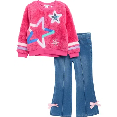 Flapdoodles Kids' Star Faux Fur Sweatshirt & Flare Leggings Set In Pink