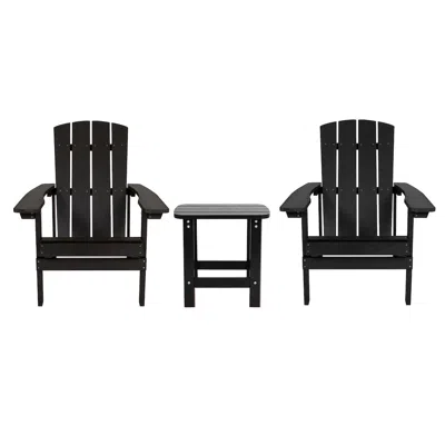 Flash Furniture 2 Pack All-weather Poly Resin Wood Adirondack Chairs With Side Table In Black