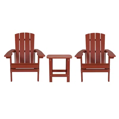 Flash Furniture 2 Pack All-weather Poly Resin Wood Adirondack Chairs With Side Table In Red In Brown