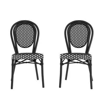 Flash Furniture 2 Pack Bistro Stacking Chair, Black And White Rattan And Black Aluminum Frame