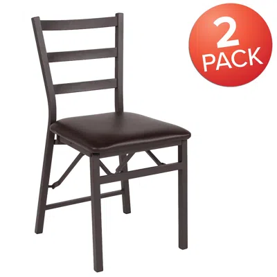 Flash Furniture 2 Pack Hercules Series Brown Folding Ladder Back Metal Chair With Brown Vinyl Seat