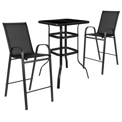 Flash Furniture 2-person Bistro Set - Brazos Glass Bar Table With Black Patio Stools In Gray