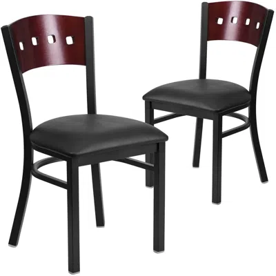 Flash Furniture 2 Pk. 4 Square Back Metal Chair - Mahogany Wood Back, Black Vinyl Seat