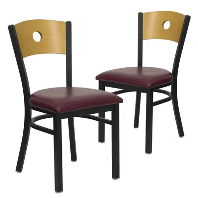 Flash Furniture 2 Pk. Black Circle Back Metal Chair - Natural Wood Back, Burdy Vinyl Seat In Multi