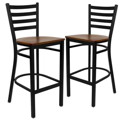Flash Furniture 2 Pk. Black Ladder Back Metal Restaurant Barstool - Cherry Wood Seat