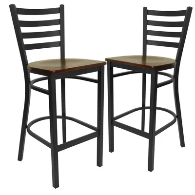 Flash Furniture 2 Pk. Black Ladder Back Metal Restaurant Barstool - Mahogany Wood Seat