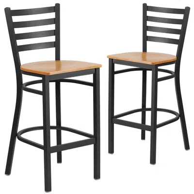 Flash Furniture 2 Pk. Black Ladder Back Metal Restaurant Barstool - Natural Wood Seat