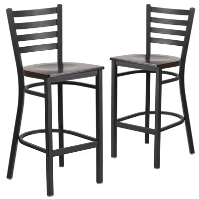 Flash Furniture 2 Pk. Black Ladder Back Metal Restaurant Barstool - Walnut Wood Seat