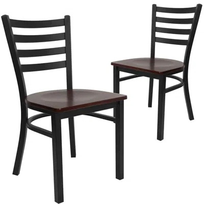 Flash Furniture 2 Pk. Black Ladder Back Metal Restaurant Chair - Mahogany Wood Seat In Brown