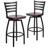 Flash Furniture 2 Pk. Black Ladder Back Swivel Metal Barstool - Mahogany Wood Seat In Brown