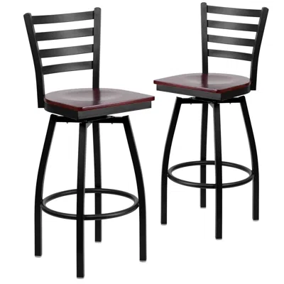Flash Furniture 2 Pk. Black Ladder Back Swivel Metal Barstool - Mahogany Wood Seat In Brown
