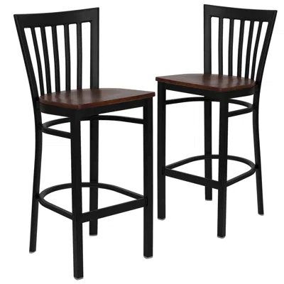 Flash Furniture 2 Pk. Black School House Back Metal Restaurant Barstool - Cherry Wood Seat