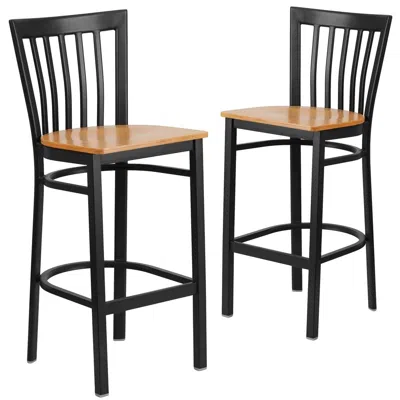 Flash Furniture 2 Pk. Black School House Back Metal Restaurant Barstool - Natural Wood Seat In Multi