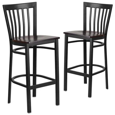 Flash Furniture 2 Pk. Black School House Back Metal Restaurant Barstool - Walnut Wood Seat