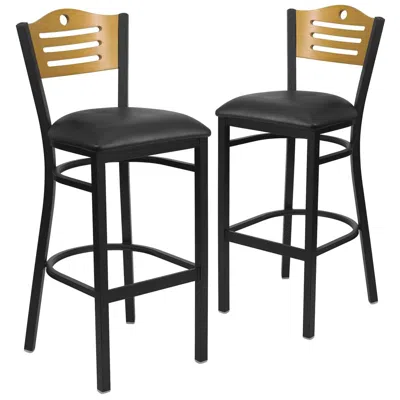 Flash Furniture 2 Pk. Black Slat Back Metal Barstool - Natural Wood Back, Black Vinyl Seat